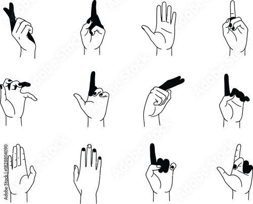 Collection of hand gestures in line art style representing communication and expression