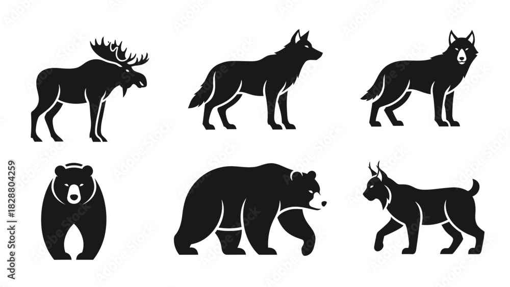 Obraz premium Forest Mammals Wildlife Animals Silhouette Black Icons Vector Illustration