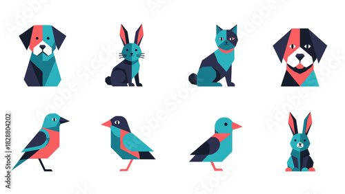 Geometric Animals Vector Illustration Set, Dog Rabbit Cat Bird Icons