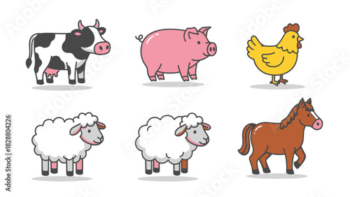 Farm Animals Cartoon Vector Illustration Set of Livestock Collection
