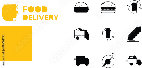 Food delivery icon set with yellow box and black and white symbols
