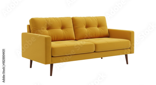 Modern mustard yellow loveseat isolated PNG, contemporary two-seater sofa with tufted cushions for living room furniture design