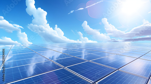 Blue solar panel array reflects sky in a cartoon style. Ideal for presentations, branding, and environmental awareness posters.