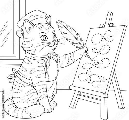 Cute Cartoon Artist Cat Painting on Canvas – Creative Feline Character with Brush and Easel – Kids Coloring Page Style Illustration
