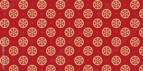 Seamless festive pattern with circular golden snowflake emblems and tiny star accents on a rich red background, perfect for Christmas wrapping paper, luxury packaging, greeting cards and elegant holid