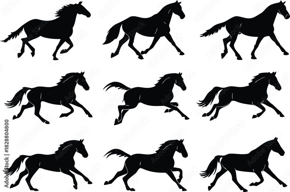 Fototapeta premium Collection of nine black horse silhouettes in various running poses