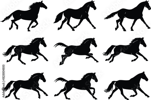 Collection of nine black horse silhouettes in various running poses