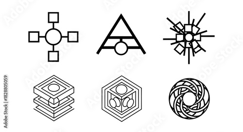 Modern geometric technology icons featuring cubes, circuits, abstract shapes, and connected digital symbols in a clean minimal style