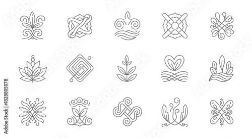 Clean botanical line icon collection showing leaves, buds, and floral shapes arranged in a modern minimalist pattern