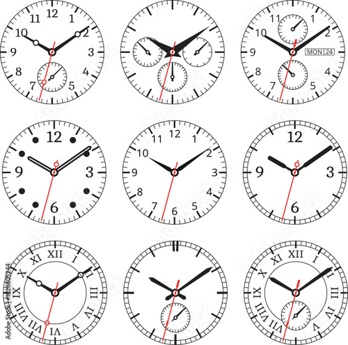 Collection of minimalist clock faces showing different times, designed in a clean modern style. Ideal for time-related concepts, schedules, deadlines, and educational materials.