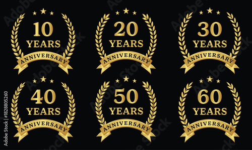 Collection of Anniversary vector logo - Vectors Laurel Anniversary Set. Golden Laurel  Anniversary 10 to 60 Years Vectors and Vector Art 