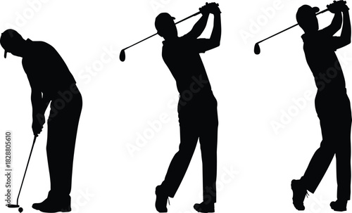 Golf Player Black Silhouette Vector Set, Golfer Putting and Swinging with Club, Dynamic Sports Action Poses Collection, Recreational Game Illustration.