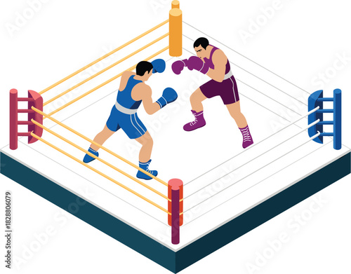 3D isometric boxing match illustration, two fighters in ring, martial arts competition scene, sports action graphic, professional fighting concept