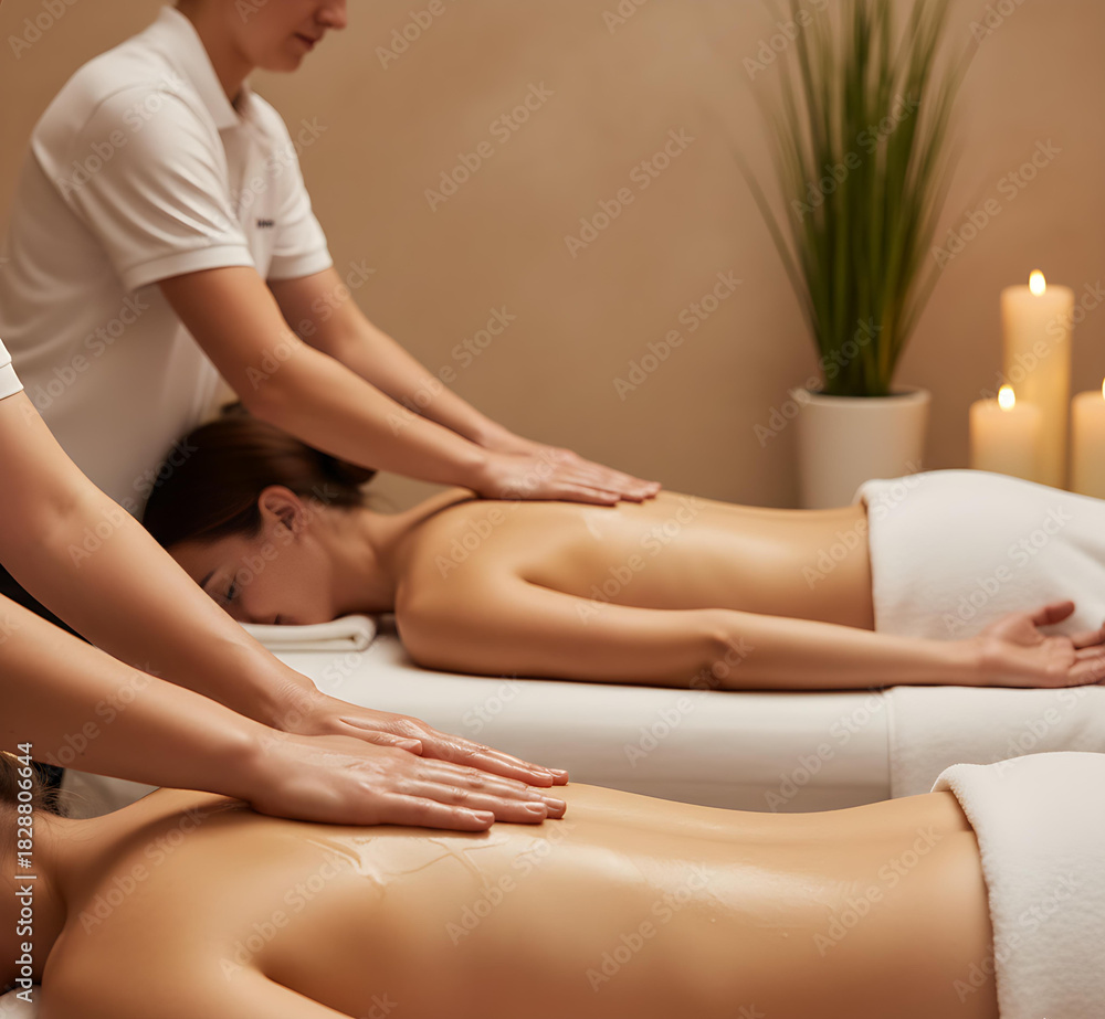 Obraz premium Loving partners experiencing calming full body massage in peaceful spa room