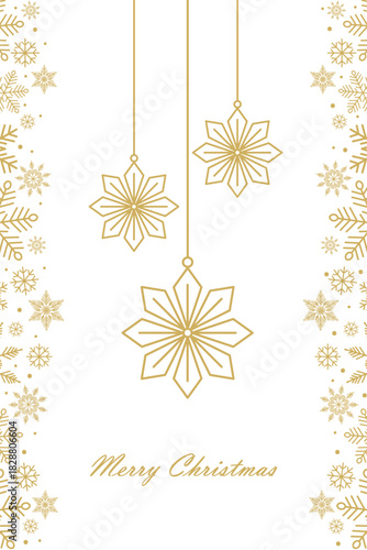 Minimalist gold snowflakes vector Christmas card template; Elegant winter holiday line art border; Merry Christmas greeting illustration