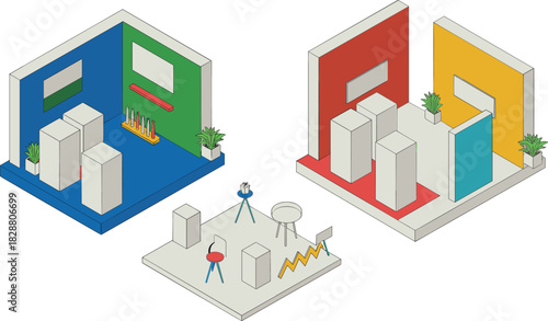3D isometric exhibition booth design, modern trade show stands, colorful display spaces, promotional event setup, showroom layout illustration, marketing presentation concept