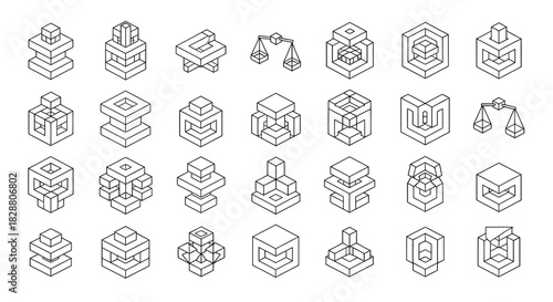 Comprehensive isometric cube set featuring geometric building blocks and structural forms arranged in a clean technical outline