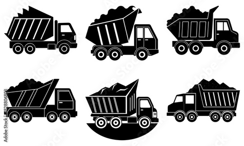 Six dump trucks hauling loads - construction, mining, and transportation equipment showing heavy duty work, originally scalable vector graphic