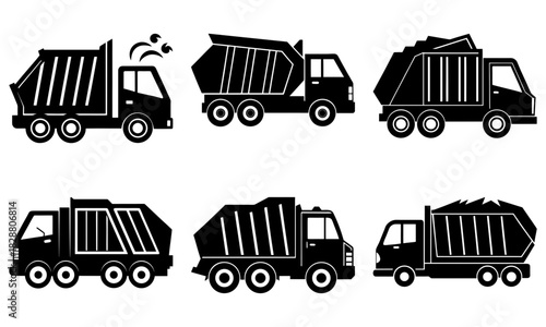 Collection of black and white garbage trucks, perfect for clean energy campaigns and recycling initiatives with a modern and simple design, originally scalable