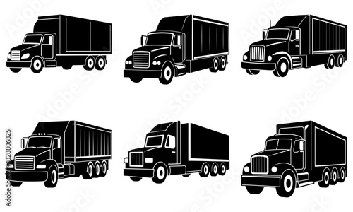 Bold semi truck fleet illustration showcasing powerful transport trucks, perfect for logistics branding and dynamic transportation designs, originally a vector