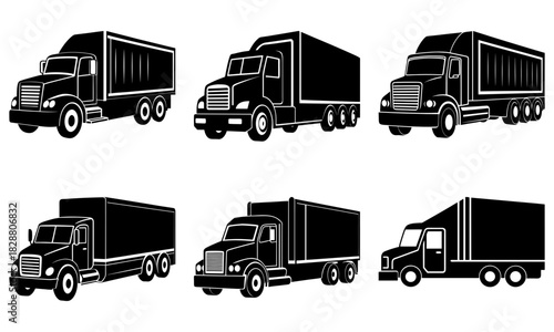Diverse collection of black semi-trucks ready for transport, shipping, or logistics projects, ideal for transport companies, fleet management, and freight businesses