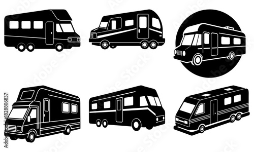 Explore the Open Road with These Versatile RV Illustrations, Perfect for Camping, Travel, and Adventure-themed Designs, Originally Scalable Graphics