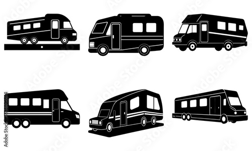 Collection of Recreational Vehicles, Six Different RVs in Black Silhouette, Travel and Adventure Concept, Road Trip Holiday Icons, Vector Graphics