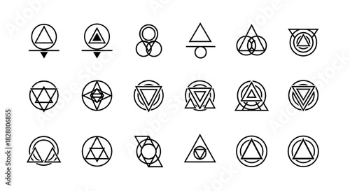 Circular symbol pattern set featuring triangles, dots, and geometric forms arranged in a clean modern conceptual design