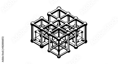 Isometric geometric lattice structure featuring interconnected cubes and architectural wireframe elements in a clean technical outline style