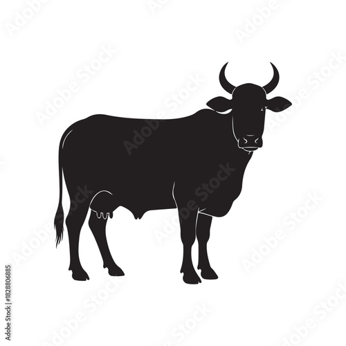 Black silhouette of a standing indian zebu cow livestock graphic