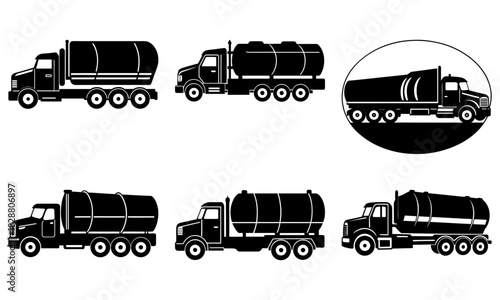 Tanker trucks in sleek black and white, perfect for logistics, transport and fuel industry visuals, originally a scalable vector graphic for versatile use