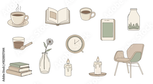 Cozy interior lifestyle icon set featuring furniture, books, plants, home decor, and warm-toned household elements