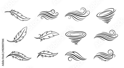 Collection of flowing wave and feather line icons featuring smooth contours and airy organic motion in a minimal vector style
