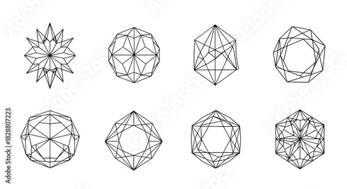 Sacred geometric symbol set featuring circular mandalas, symmetrical polygons, and intricate line-based ornamental patterns