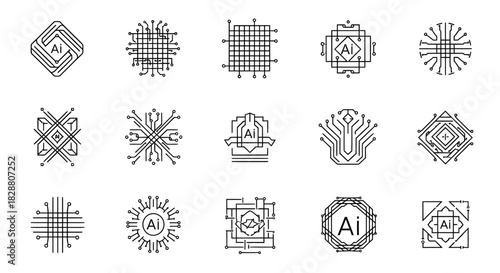 Geometric icon set featuring grids, cubes, abstract patterns, and symmetrical symbols in a clean technical line style