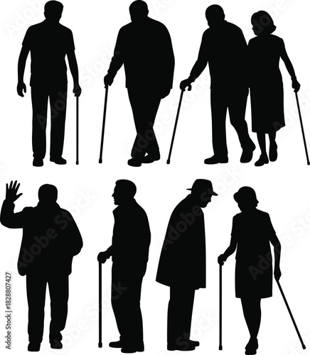 Silhouettes of elderly people walking with canes, depicting mobility support, aging, and senior lifestyle concepts in clean vector illustration style