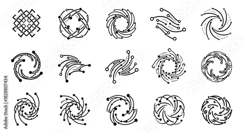 Circular geometric swirl and mandala icon set with intricate rotating patterns and symmetrical decorative line elements