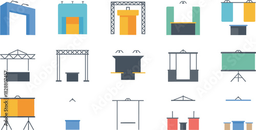 Flat design exhibition booth collection, trade show stand icons, modern event display templates, promotional booth illustrations, business expo presentation graphics set