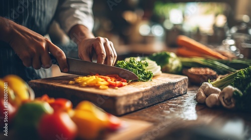 A Chef Preparing Fresh Vegetables on a Wooden Cutting Board in a Kitchen Environment