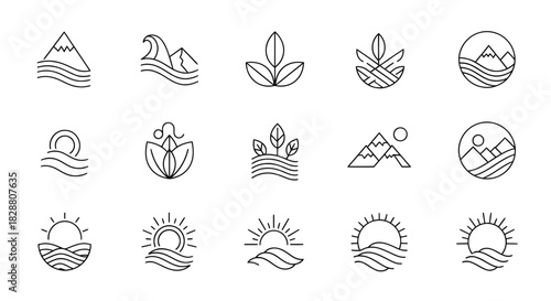 Minimalist icon set featuring various nature-inspired shapes including plants, mountains, waves, and celestial elements in thin line style.