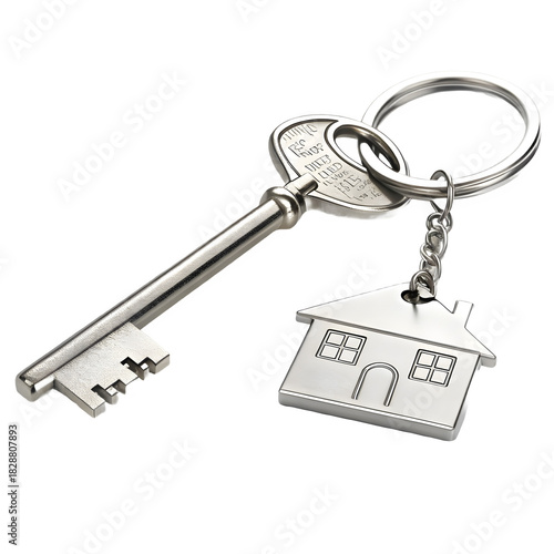 Key with house keychain isolated on transparent background, representing home ownership