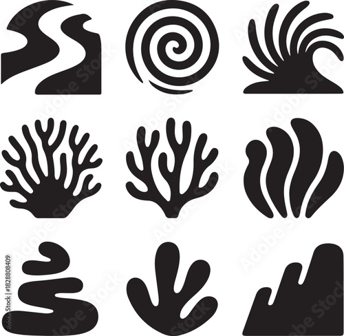 Set of Abstract Vector Elements Seaweed Coral Ocean Waves Symbol Collection