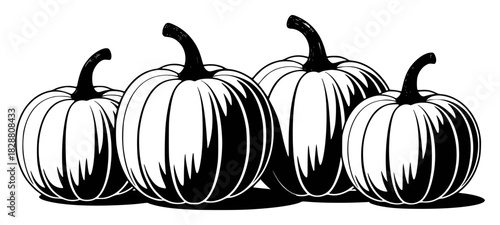 A Stylized Black and White Illustration of Four Pumpkins in a Row