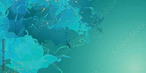 Abstract green gradient background with green ink wave decoration and luxurious and elegant gold splashes. Modern background concept for invitations and awards.