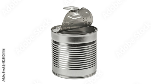 Open silver metal tin can PNG isolated on transparent background, canned food container for storage and preservation, kitchenware object