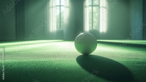 Billiard ball on green table, dramatic low angle lighting 