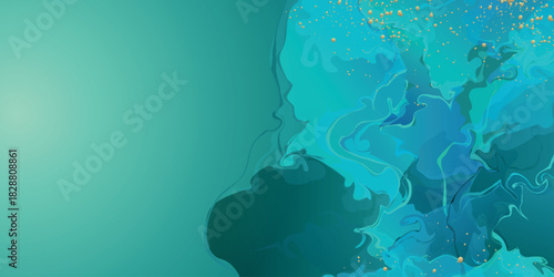 Abstract green gradient background with green ink wave decoration and luxurious and elegant gold splashes. Modern background concept for invitations and awards. VOL. 4