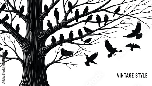 Vintage Style Silhouette of Birds Perching and Flying Around a Barren Old Tree for Nature, Spooky, or Rustic Design