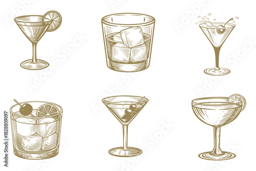 Vintage old fashioned, Manhattan, martini, daiquiri, collection vector illustration. Scotch, brandy or liquor alcohol drinks. Bar menu design elements. Eps 10