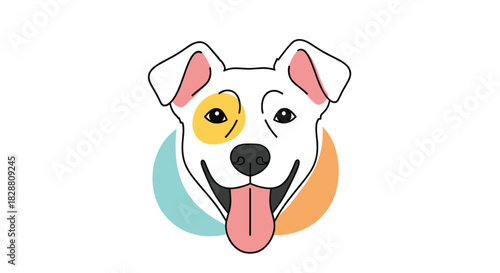 A friendly, minimalist illustration of a white dog with a yellow eye patch and pink ears, smiling happily with its tongue out.